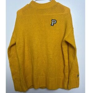 PINK Victoria's Secret Mustard Yellow Varsity P Patch Chunky Knit Sweater XS/S
